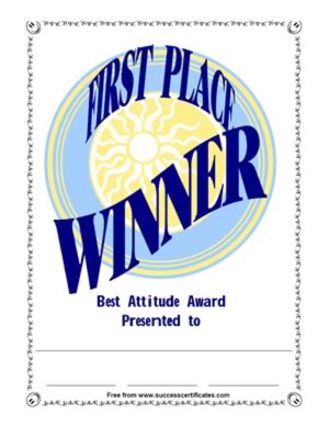 First Place Winner Certificate - Recognition For Best Attitude