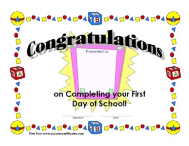 Best Wishes Certificate - On Completing First School Day