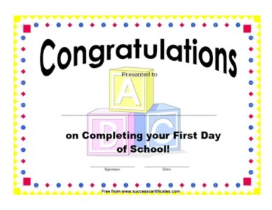 Best Wishes Certificate - On First School Day Completion