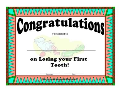 On losing First Tooth - Best Wishes Certificate