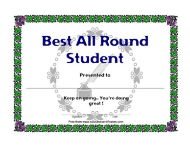 Best All Round Student Certificate - Best Wishes On Doing Great Work