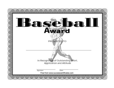 Baseball Award Certificate - On Recognition Of Outstanding Performance