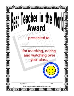 Best Teacher In The World Achievement Certificate