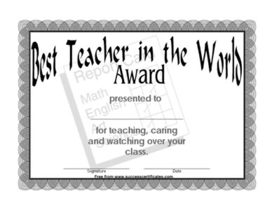 Best Teacher Achievement Award Certificate