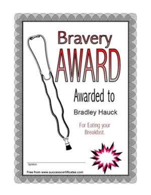 Bravery Award Certificate For Eating Breakfast