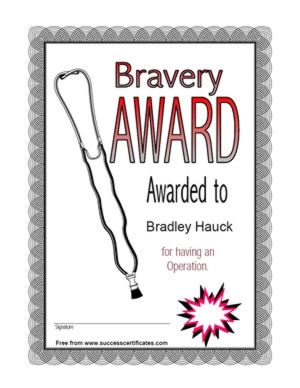 Bravery Award Certificate For Having An Operation