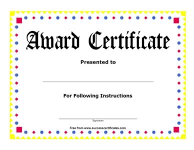 Award Certificate - For Following Instructions