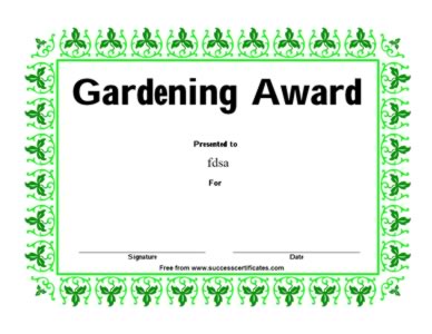 Certificate For Gardening - Gardening Award