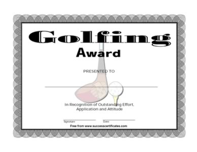 Certificate For Golf - Golfing Award - One