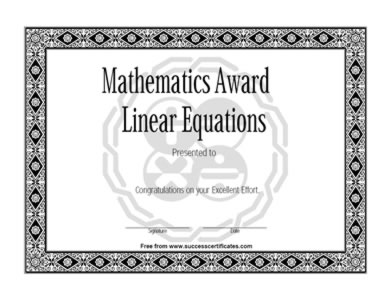 Certificate Of Achievement In Mathematics-Linear Equations