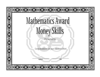 Certificate Of Achievement In Mathematics -Money Skills