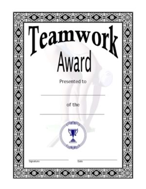 Team work award certificate - One
