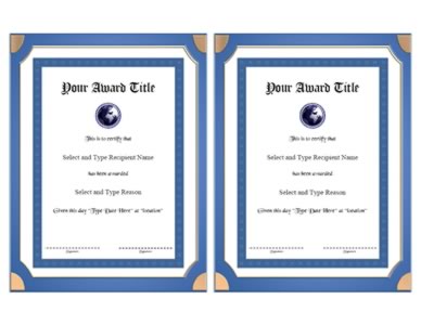 Blue Double Border Blank Certificate Template Pair A5