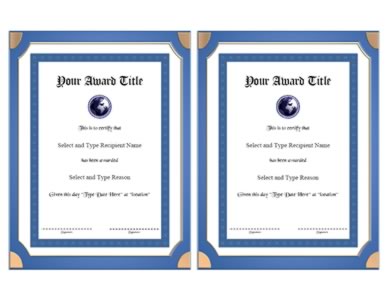 Blue Double Border Blank Certificate Template Pair